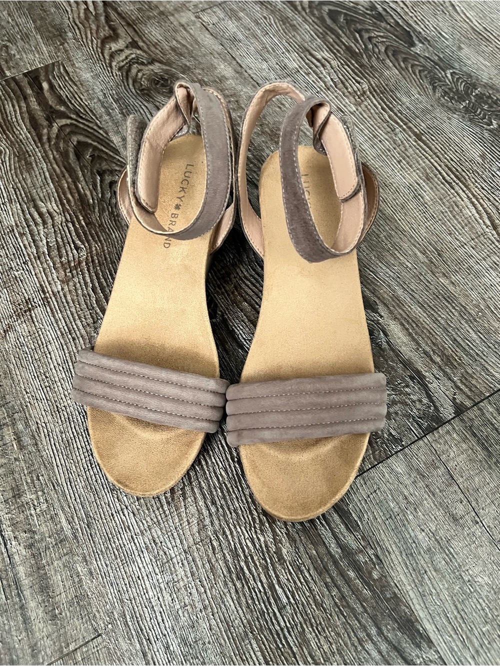 Lucky Brand Kellio Taupe Leather Ankle-Strap Sandals. 7.5M